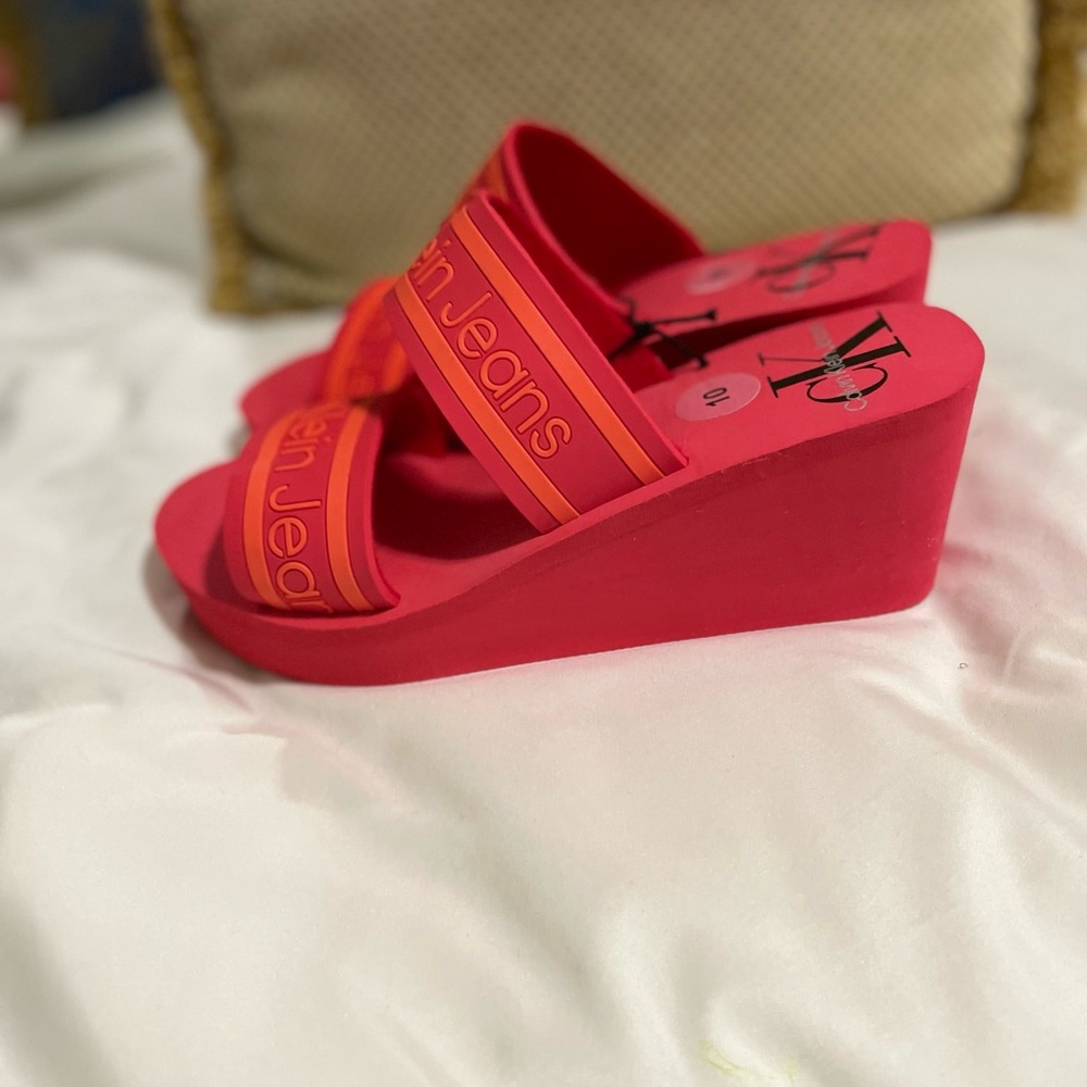 Calvin Klein Logo Strap Wedge Sandal Red and Orange - Picture 8 of 11